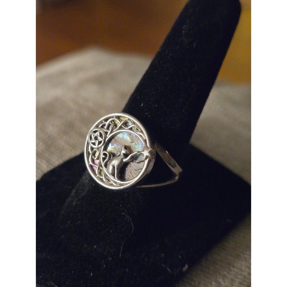 Celtic Cat Abalone Sterling Ring Vintage Sz 6.25